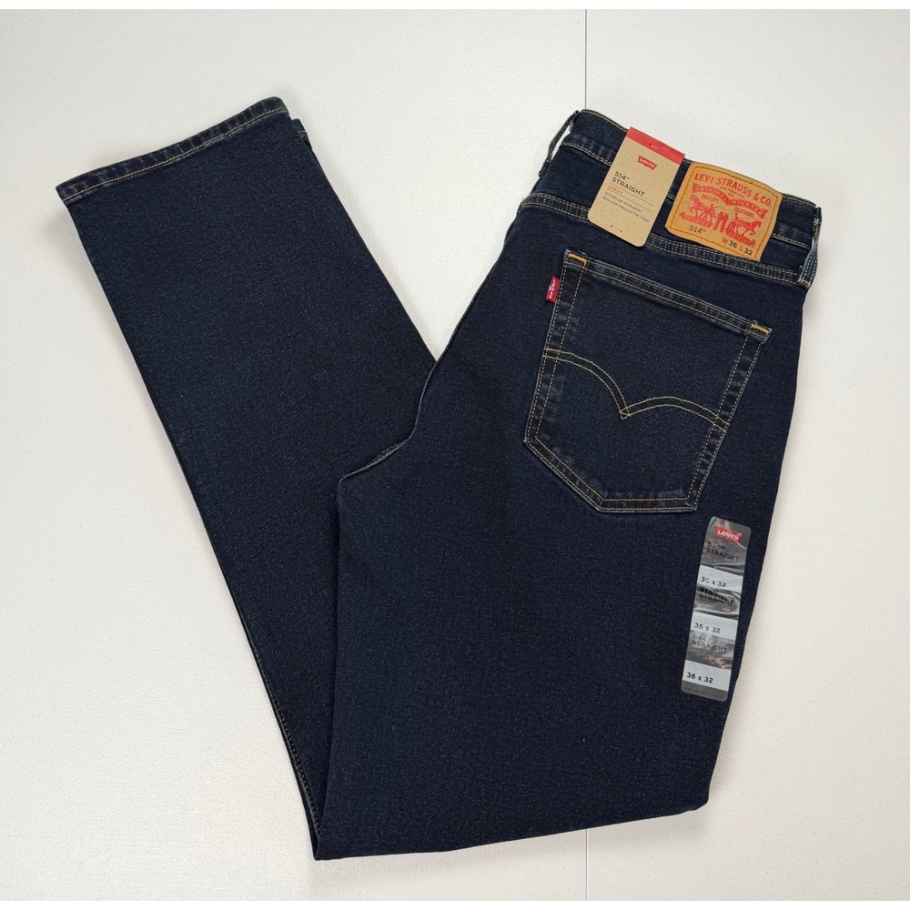 New Levis 514 Straight Fit Mens Jeans Dark Indigo Blue Denim 36x32 NWT